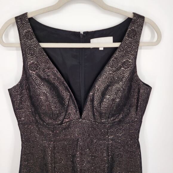 Badgley Mischka Feather Hem Cocktail Dress 10 Metallic Brocade Sleeveless Black - Picture 4 of 11